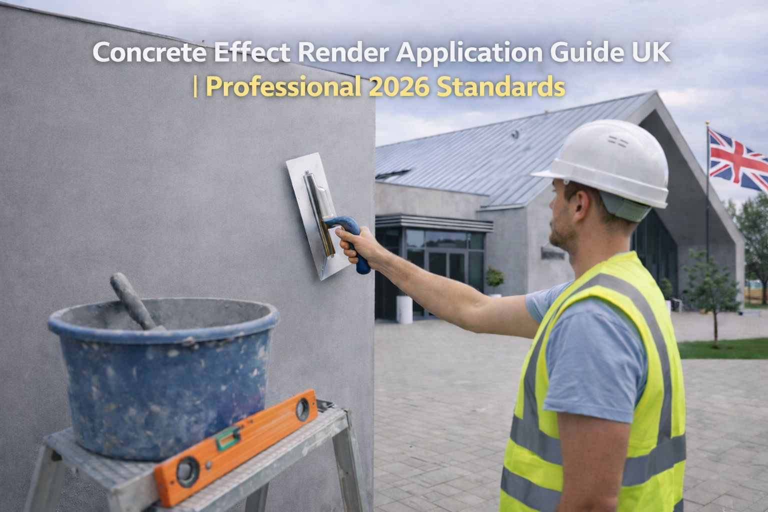 Professional installer applying architectural concrete effect render using a stainless steel float on a UK facade.