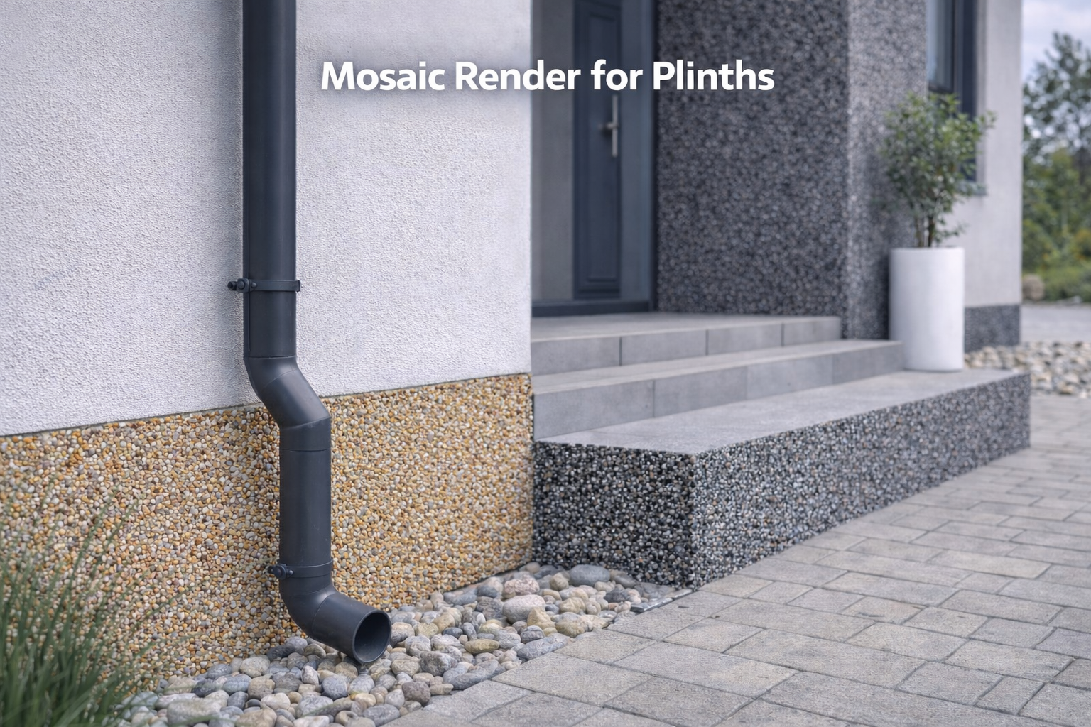 Professional installation of grey mosaic render on a house plinth showing the waterproof splash zone protection.