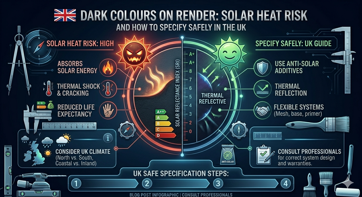 Dark Colours on Render: Solar Heat Risk and How to Specify Safely in the UK
