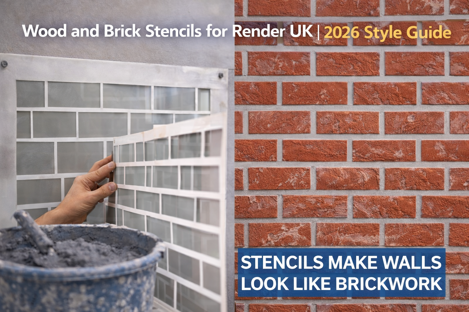 Close-up of a realistic wood effect render grain and a brick stencil pattern applied to a modern UK facade.