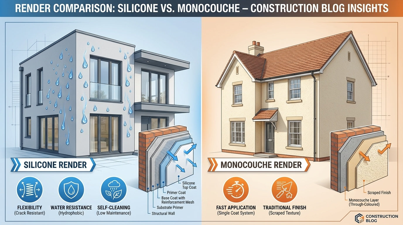 Comparison of silicone render texture vs scraped monocouche render finish on a UK property.